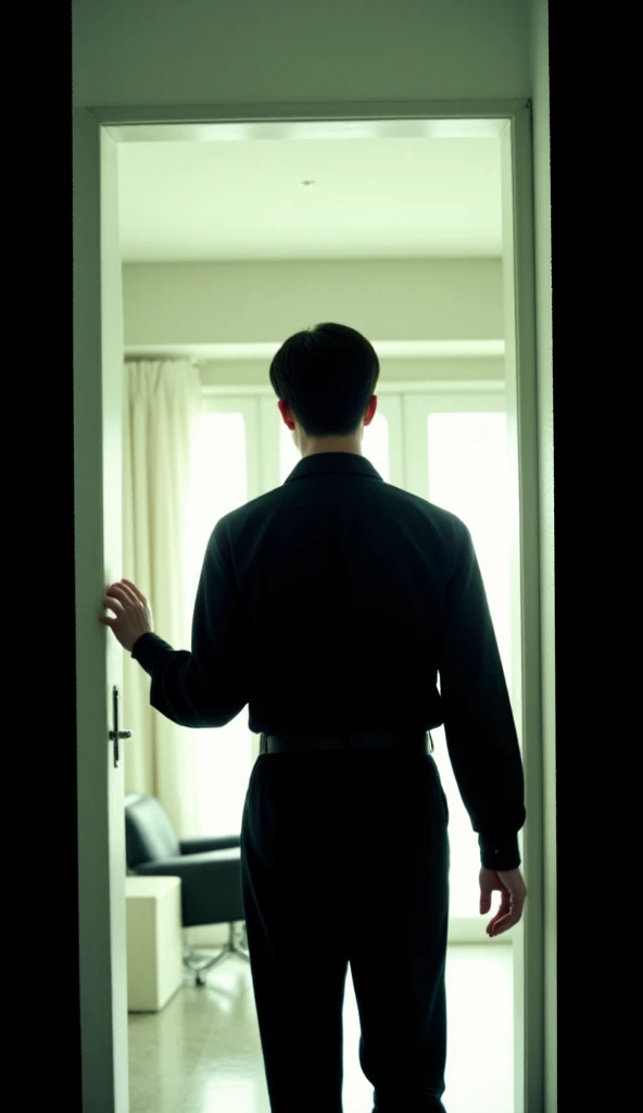 A handsome Japanese man with his hands tied with rope, facing backwards while fully clothed