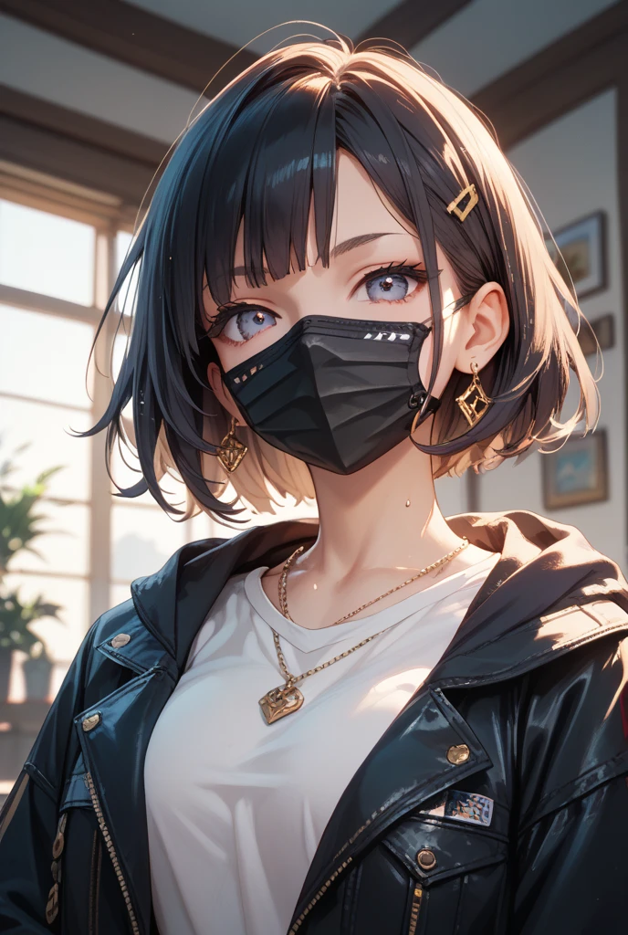 Close-up of a person wearing a mask and tie, strangled with rope, kanliu666, the robot wearing her human mask, cruel korean goth girl, E-Girl, e - girl, katanas strapped to her back, wearing a black noble suit, Wrapped in black tentacles, Spider gag, Rope bondage, gilded black uniform