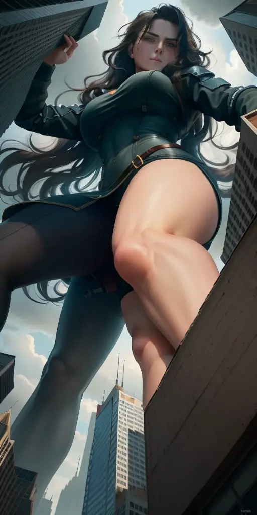 Hyperrealistic version of a woman giant. A giant woman in a bikini lying on top of a cyberpunk city, Little guys running around the giant girl, Standing on her hand, cgsociety 9, fantasy art, engine rendering unreal + a goddess, full body cgsociety, artgerm ; Hyper realistic content, giant art, super detailed matte paintings, super detailed matte paintings, realistic fantasy art, realistic style. Beautiful girl. Big thighs."The little people stood on the top of a high-rise building waving to the girl".Wear short skirts.
