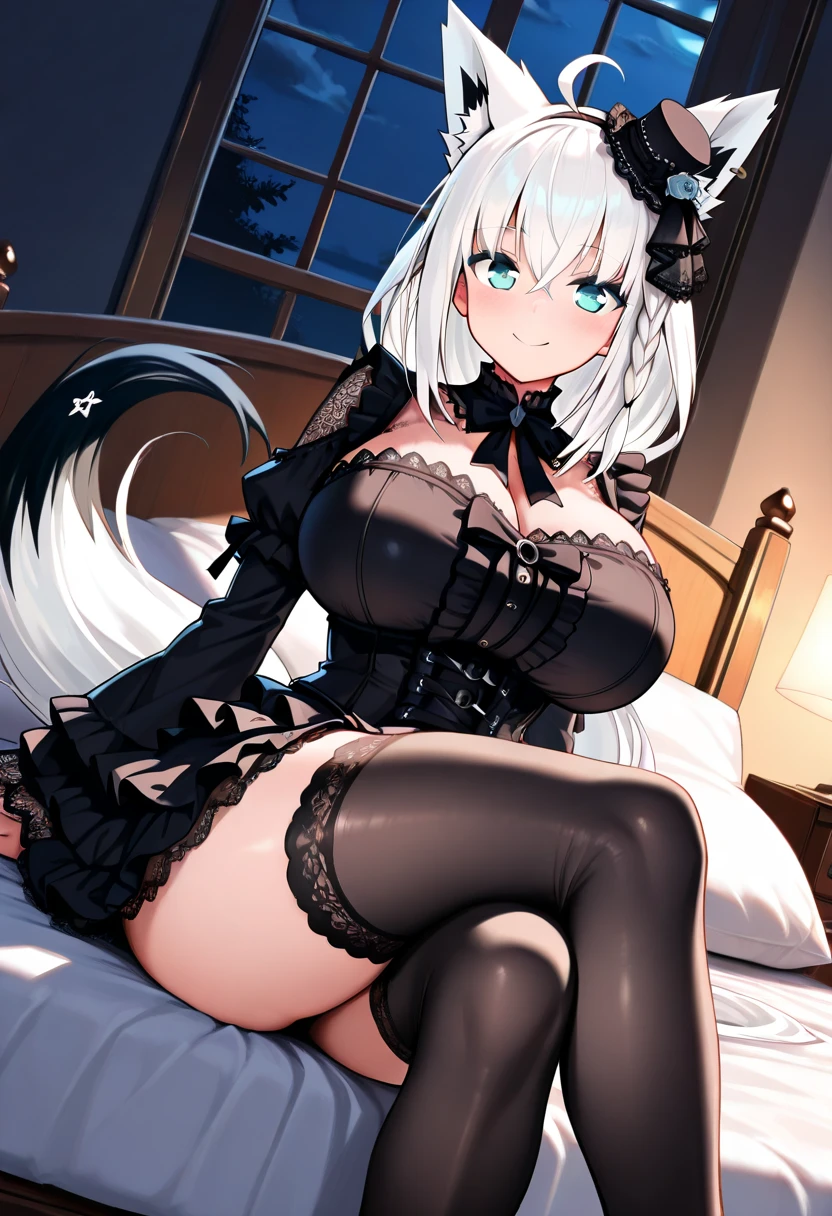 a 14 year old girl, detailed violet eyes, pink wavy long hair, oversized black pullover, frilly skirt, cute stockings with ribbon bows, interior bedroom setting, detailed facial features, beautiful detailed breasts, detailed buttocks, photorealistic, highly detailed, masterpiece, cinematic lighting, volumetric lighting, natural shadows, soft lighting, warm color tones, realistic, intricate details, delicate facial features, elegant pose, serene, female beauty, fashion illustration, digital art