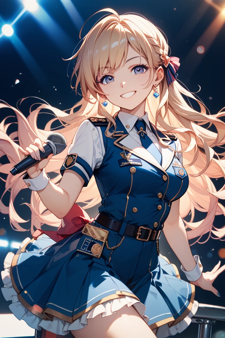 masterpiece, best quality, highly detailed, ultra high res, ayase arisa, 1girl, solo, hair ornament, long blonde hair, glossy lips, medium breasts, aqua eyes, blazer, pleated miniskirt, thigh boots, military hat, light smile, microphone