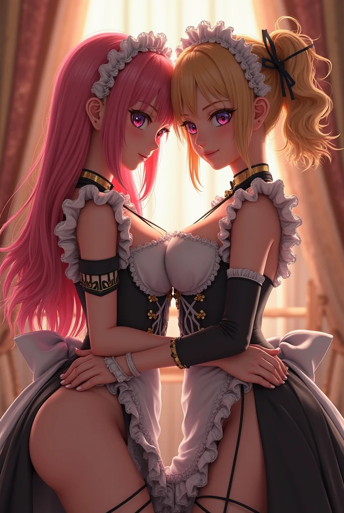 Two women wearing black and white maid outfits are walking side by side through the city., by 2 person, whole body, Sole, skirt, panties, underwear, (shiny light blue satin panties:1.3)、(shiny pink satin panties:1.3)、(横紐レースpanties that cover the butt:1.2), embarrassed expression, garter belt, knee socks, 風でskirtがめくれている, look back, realistic,angle from behind, Two-dimensional beautiful girl
