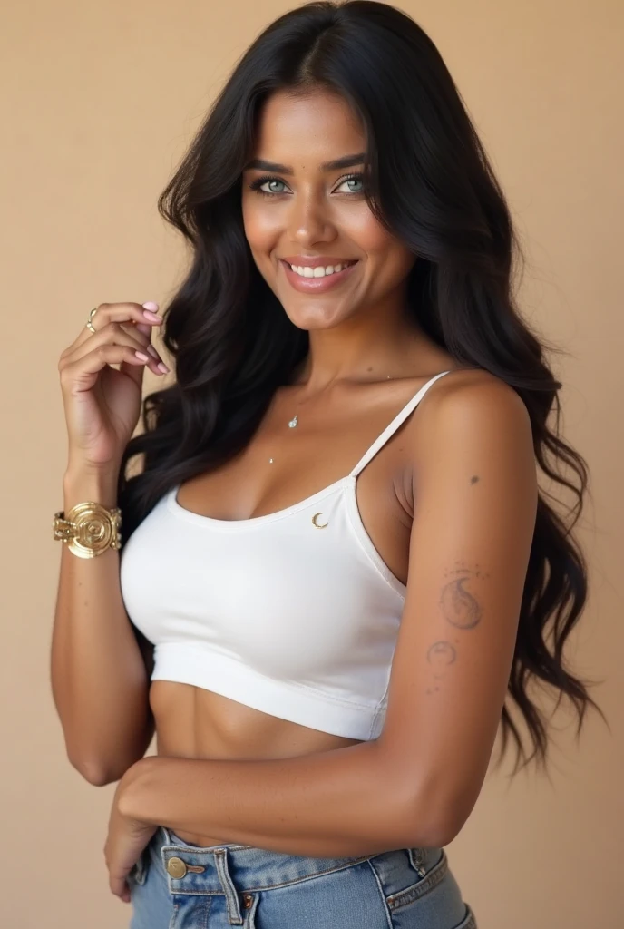 Create a detailed sketch of a woman standing in a casual pose. Her body is oriented slightly to the left, with her left arm hanging down and her right arm partially visible. She has long, straight black hair that flows down past her shoulders and dark, well-defined eyebrows. The woman is smiling softly, giving her a friendly and approachable expression.
She is wearing a white halter top that crosses at the chest, revealing her midriff. The top is fitted and wraps around her neck, leaving her shoulders exposed. She is also wearing high-waisted blue denim shorts with frayed edges, which add a casual and trendy touch to her outfit.
Pay special attention to her tattoos:
1. On her left shoulder, there is a tattoo that reads "Família" in elegant script, accompanied by a small heart symbol.
2. On her right upper arm, she has a prominent tribal design tattoo.
3. Her left forearm features a detailed floral tattoo.
She is accessorized with a gold wristwatch on her left wrist. The overall color scheme for the sketch should include natural skin tones, white for the top, blue for the shorts, and black for the hair. Highlight the details in her tattoos and the texture of her clothing for added realism.
