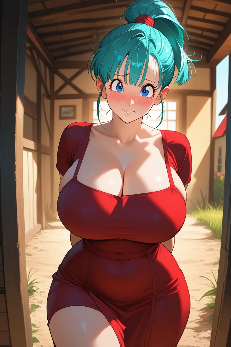 masterpiece, best quality, High resolution, Dragon Ball, Brynmead, Light green hair, Medium Length Hair, Bangs, Red hair band, ( (((Large Breasts、Breast sagging、Low-cut,Cleavage ,Wide hips,)))((Long legs)),Hourglass figure))), , shirt, skirt, Cowboy shooting, indoors, permanent,