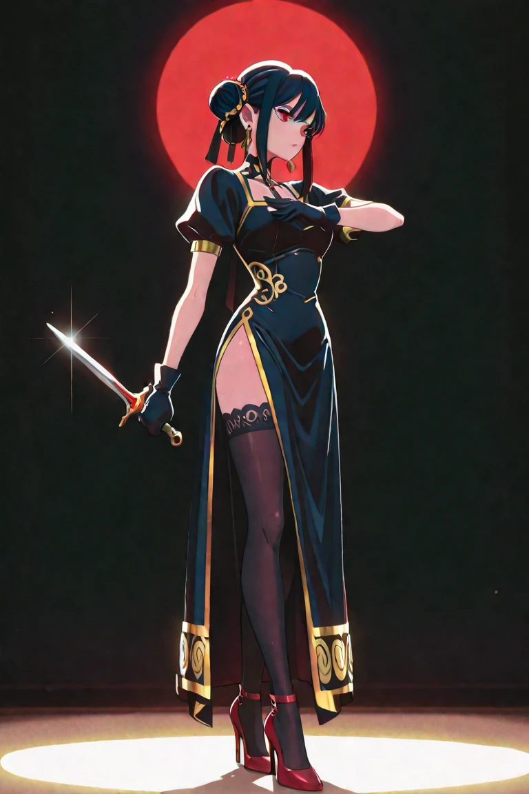 full body, Standing, Princess Zelda as Shinobi, costume all black with gold stripes, she has large breasts, (short black hair), ((wearing Oni mask on her face)), cut scar over right eye, (green eyes), a katana attached to her waist, blood all over her clothes, she is in an ancient ninja Temple full of swords stuck in the ground, Anime, masterpiece, 16k, award winning, best quality, high details, UHD, masterpiece, anatomically correct