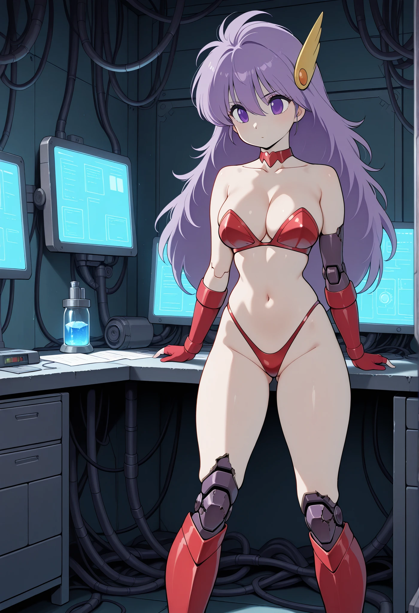 Japanese_anime_style,1figure_girl,(loli:1.5), (short_ponytail:1.3), (light_whitish_purple_hair:1.3),black_mechanical_armor_parts,white_breasts_parts_red_black_body_suit,bare_shoulder,bare_slender_thighs,medium_breasts,on_the_desk, desk_background,Stinging_eyes,(half_pupil:1.5),sleepy,thighhigh_greaves,gauntlets,dynamic_posing,bare_frank,metal_red_parts_armor,red_eye,
fists,hold_weapon,glare,navel,large_mechanical_parts,happy,waist_armor,open_mouth,rise_legs,apart_legs, (covered_navel:1.3),(very_long_bangs:1.3), (hair_over_one_eye:1.5),(long_bang_covers_right_half_of_face:1.5),
(covered_pussy:1.1),covered_breasts