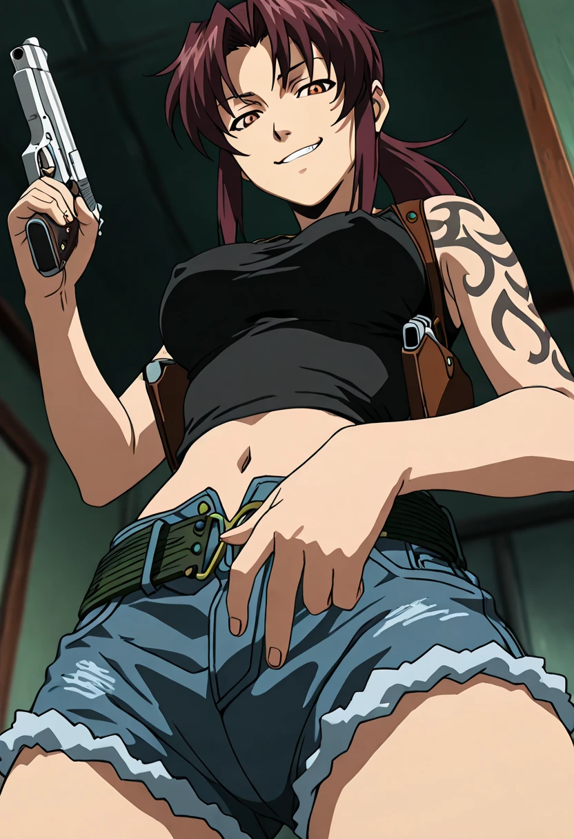 Nanako, brown, 1girl, solo, long hair, blunt bangs, brown hair, large breasts, masterpiece, best quality, highly detailed, a girls with a gun, evil smile , open mouth, sexy gaze, badass
pose , evil smile, smile, (nsfw) not safe for work, guns blazing, anime girl with long hair, beautiful long
haired girl, navel, evil expression, exposed belly, exposed navel, exposed midriff, exposed lower belly,
long black pants, crop top, cleavage, unbuttoned leather pants ,open fly, low rise black leather pants,
leather jacket, holding a gun, outdoor,street,road, navel piercing , lipstick,open arms sideway,
arms T-pose, smirk, standing, anime girl T posing