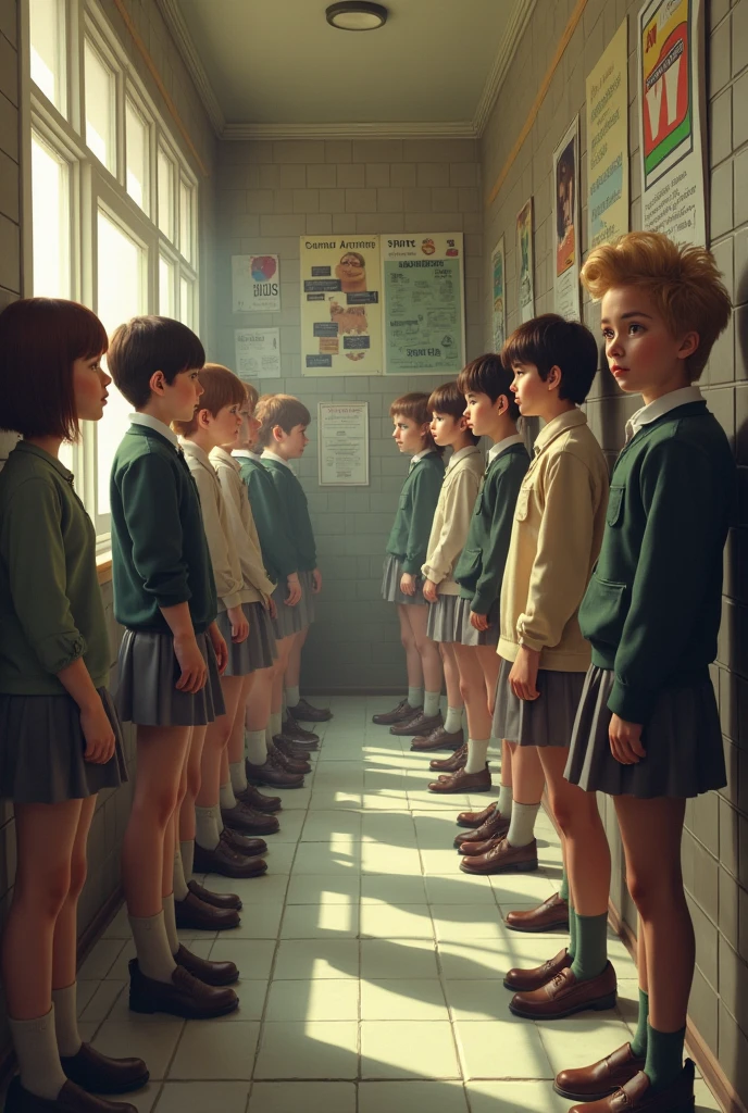 there are many children in school uniforms posing for a picture, still from a live action movie, award winning movie still, barron trump, realistic movie still, scene from live action movie, red haired teen boy, perfect likeness, digitally painted, very realistic film still, photo still, a hyperrealistic schoolgirl, emma watson as giant man, great likeness
