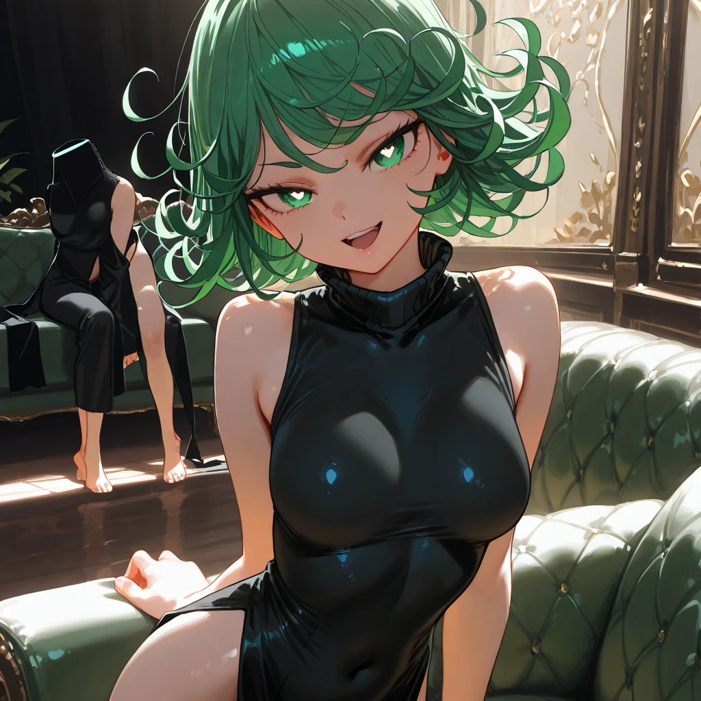 masterpiece, Highest quality,Realistic,Absurd,One person,View your viewers, Grin, living room, skinny, Lime green hair, Iris, Asymmetrical hair, Goth, Mesh Suit, Erect nipples