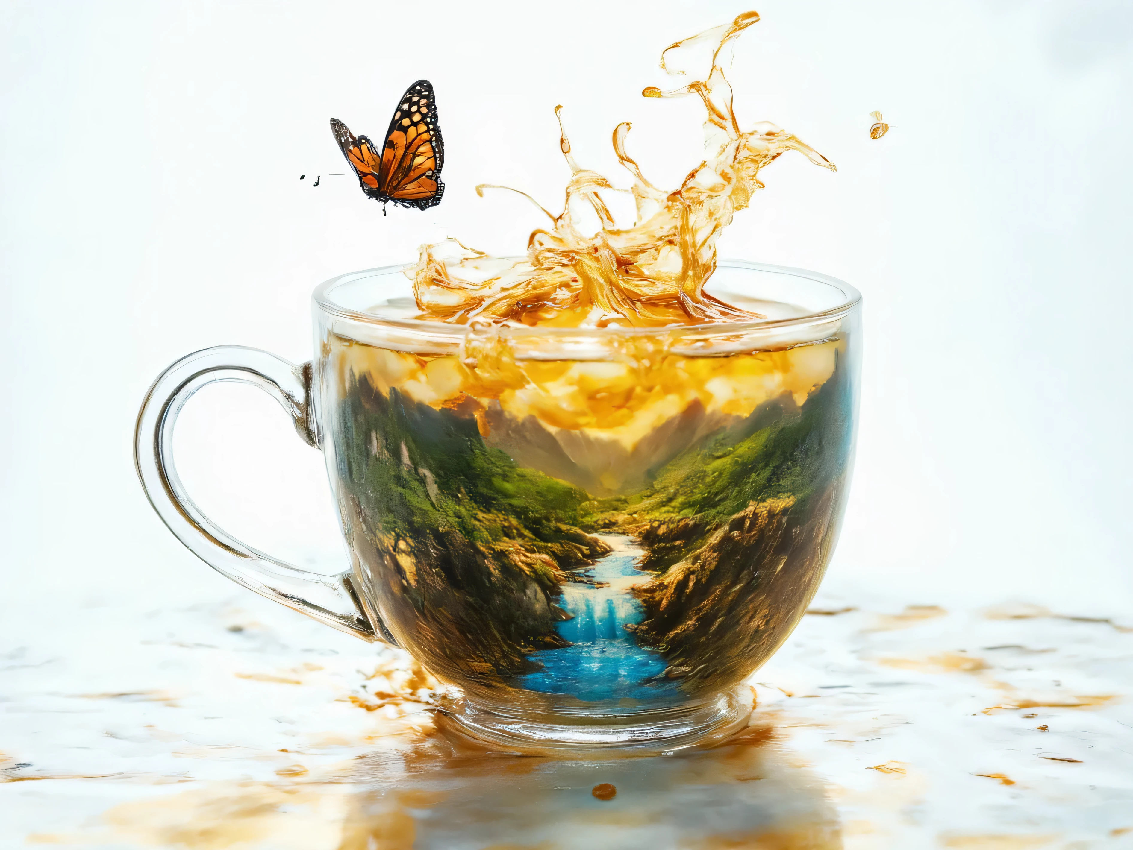 A photo of a clear glass teacup filled with a mesmerizing gradient liquid. The liquid transitions from warm amber hues to cool blues, revealing a detailed miniature landscape of a river winding through lush green mountains. Above the cup, a vibrant, abstract splash of liquid erupts outward, forming fluid, swirling shapes. Near this dynamic splash, a delicate butterfly hovers gracefully in mid-flight. The smooth surface of the cup reflects the scene softly, bathing everything in a warm, inviting light. The setting is bright, clean, and ethereal.