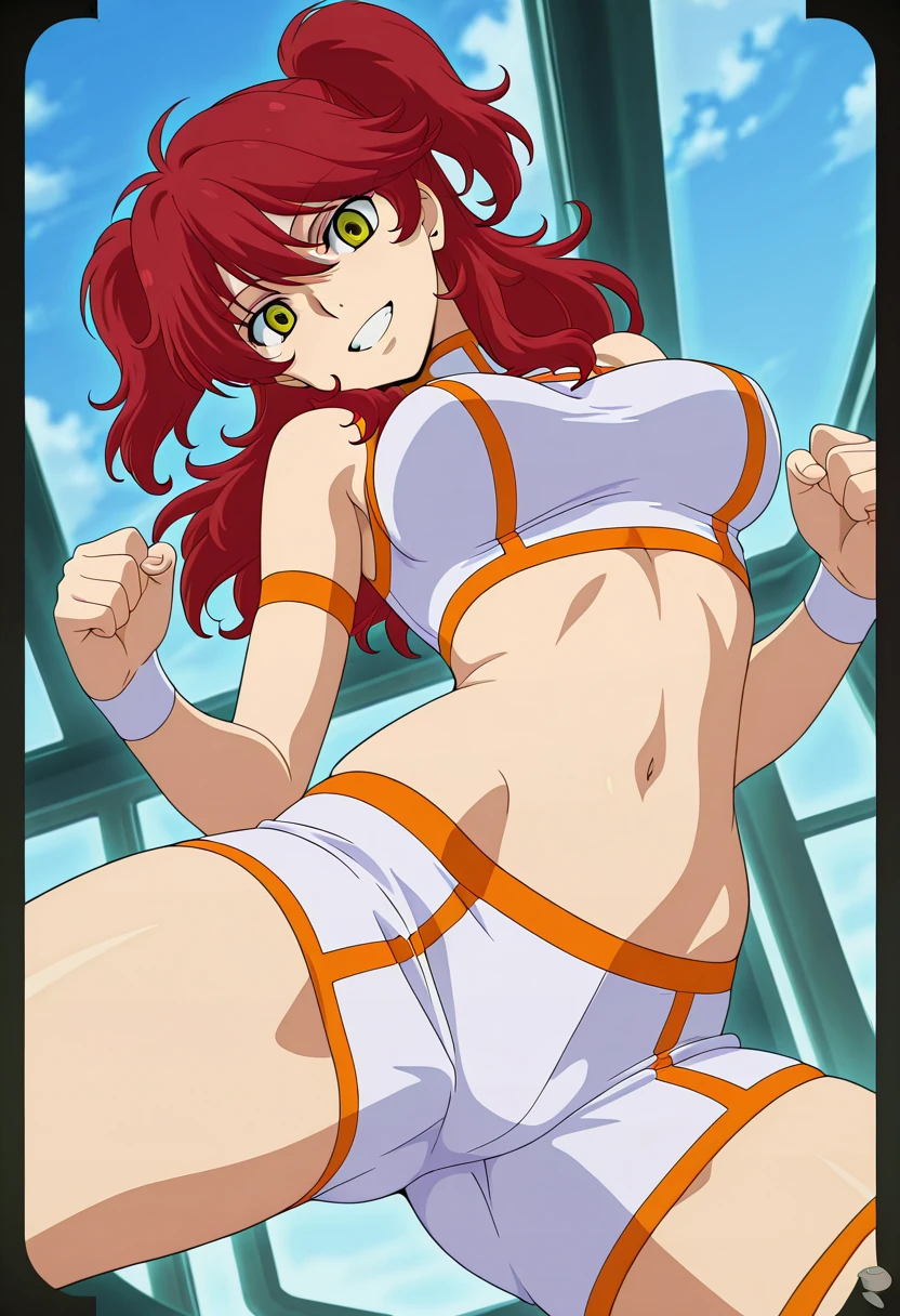 (masterpiece, 4K, Best Quality, Anime style: 1.9, bold drawing lines, High color saturation, Detailed face, tall, Adult Woman, lovely, (cloud background), Drawing lines, high resolution, Anime, lacus4), 1girl in, Solo, curvy figure, Long hair, 鎖骨, scapular, Wavy Hair, Detailed wide hair bangs, Hair Ornament, Detailed reddish-pink hair, cleavage, large hands, (Big blue eyes, shiny eyes), Smile, closed mouth, Very happy, ((closed fists)), (laughing, open mouth), ((medium breasts)), (((shiny pink strapless wrestling leotard))), (pink wrestling long boots), strong arms, biceps, rib lines, ((lean forward)), standing, (hands on hips), happy, bare shoulders, (exposed navel, shiny skin, exposed belly button area, bare hips, both hands up high, armpits, (stretching))