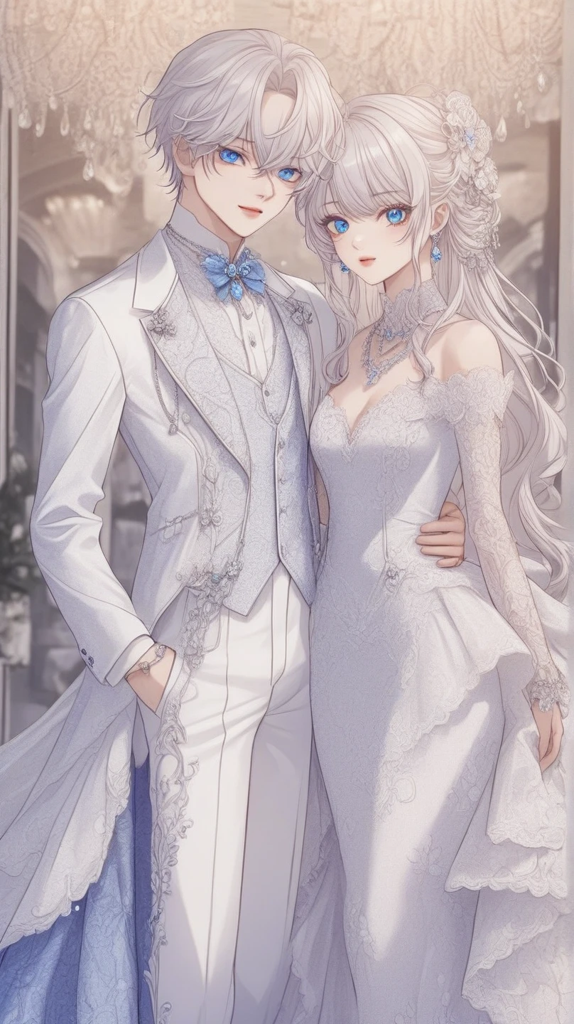 Couple, white hair, blue eyes, matching outfits, blue roses
