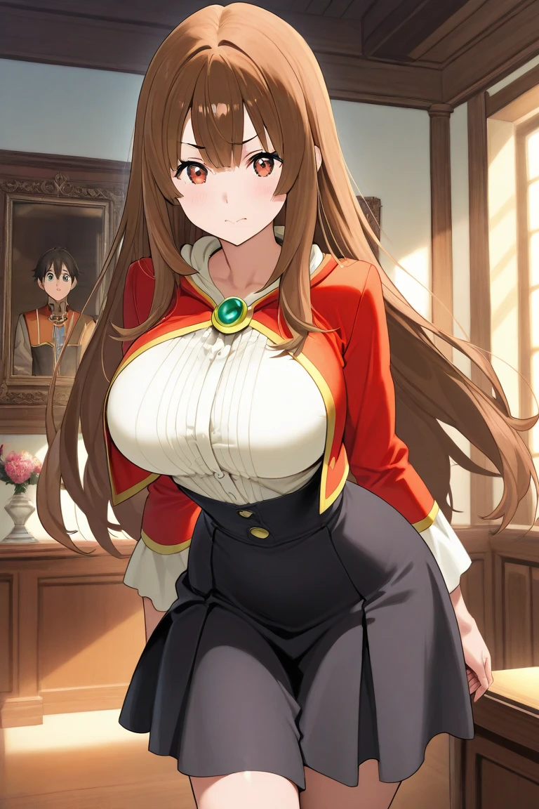 masterpiece, best quality,  <lora:Sahara Wakasa anylora40r75r-000006:0.7>, Sahara Wakasa, 1girl, solo, breasts, orange eyes, long hair, large breasts, upper body, orange hair, belt uniform, wristband, arms at sides, thighs, sitting on the bed