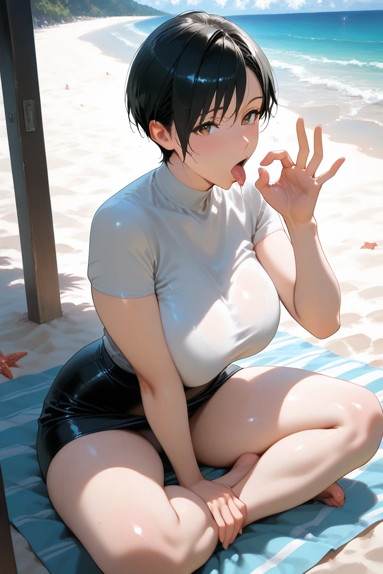 、(masterpiece、Highest quality)、Highest quality, Ultra-high resolution, (((masterpiece))), alone, Sweat、Big eyes, Composition from the front、Shortcuts、Embarrassed face、Bronze colored hair、Cut your hair short、Ocean、beach、Black Micro Bikini、belly button、short hair