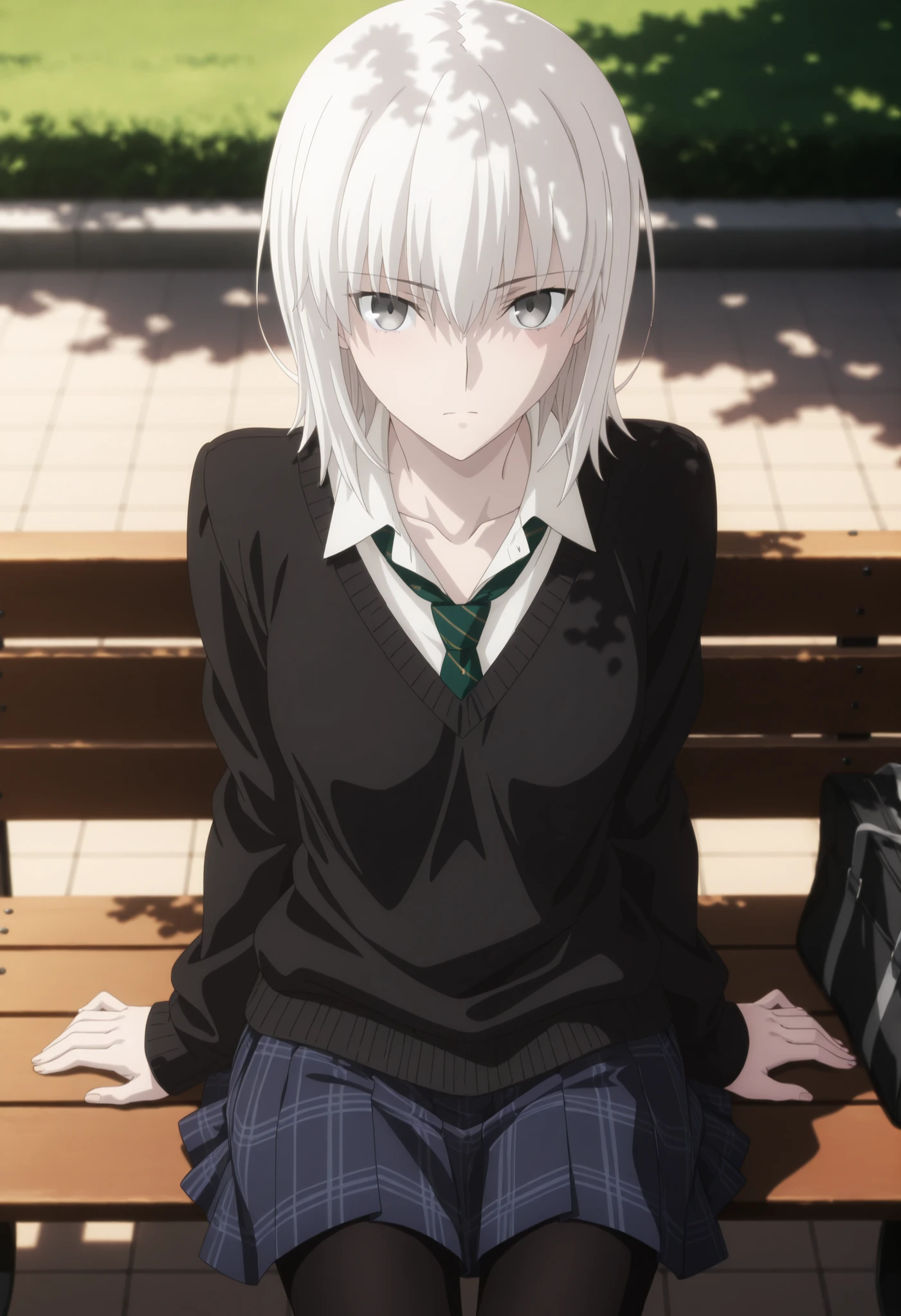 masterpiece, best quality, amazing quality, highres, absurdres, very aesthetic, high resolution, ultra detailed, perfect details, day , outdoors, ufotable style, (dappled sunlight), (from above, from back), backlight,
1girl, ufotable style, anime style, (anime coloring:1.5), (anime screencap:1.2) ,(aged up),
girl, mature, slim body, slender body, ,Fate Grand Order, fate, Fate Grand Order, medium hair, gray eyes, half eyes closed, white hair, pale skin, , (straight hair, long sidelock),((wolf cut hair)), sitting on bench, bag,
(black sweater, very loose sweater),dark blue skirt, plaid skirt, pleated skirt, black pantyhose, white undershirt, collared undershirt, dark green stripe necktie, collarbone, (small breast), (looking at viewer), expressionless, embarrassed, , ,