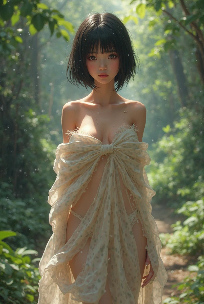 (best quality,ultra-detailed),(sexy junior idol,KAWAII face variations,absolutely beautiful details),concept art,eye-catching,back lighting,photorealistic:1.2,vivid colors,masterpiece:1.2,dynamic composition,high-definition,breathtaking aesthetics,mind-blowing creativity,imaginative background,striking poses,expressive eyes,gorgeous lips,fashionable hairstyles,facial expressions,variety of outfits,unique accessories,confident attitude,sultry gazes,playful smiles,stylish makeup,artistic effects,attention to textures,perfect proportions,romantic ambience,soft and warm tones,luminous highlights and shadows, (colorful Light shines through delicate stained glass), short Bob, (sideboob:1.2). (pressing hard against the Nipples to Nipples), Detailed glistening ivory skin, ((Delicate see-through wear)) .
