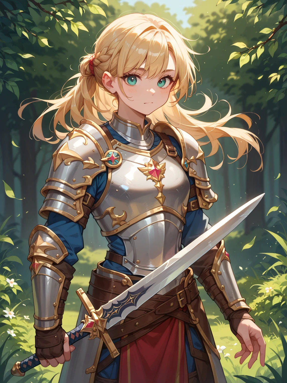 (best quality,4k,highres,ultra-detailed),beautiful detailed eyes,beautiful detailed lips,extremely detailed eyes and face,long eyelashes,long white hair with pigtails,white dress and armor,slender body,confident pose,teal eyes,delicate features,soft skin,curly hair,fierce warrior,proud expression,subtle makeup,innocent smile,strong muscles,perfectly proportioned,body covered in intricate armor,golden accents shining brightly,shimmering blue jewelry,standing in a lush green garden,flowers blooming all around,soft sunlight casting gentle shadows,leaves gently rustling in the breeze,sparkling dew drops on petals,graceful movements,elegant posture,shield and sword in hand,ready for battle.