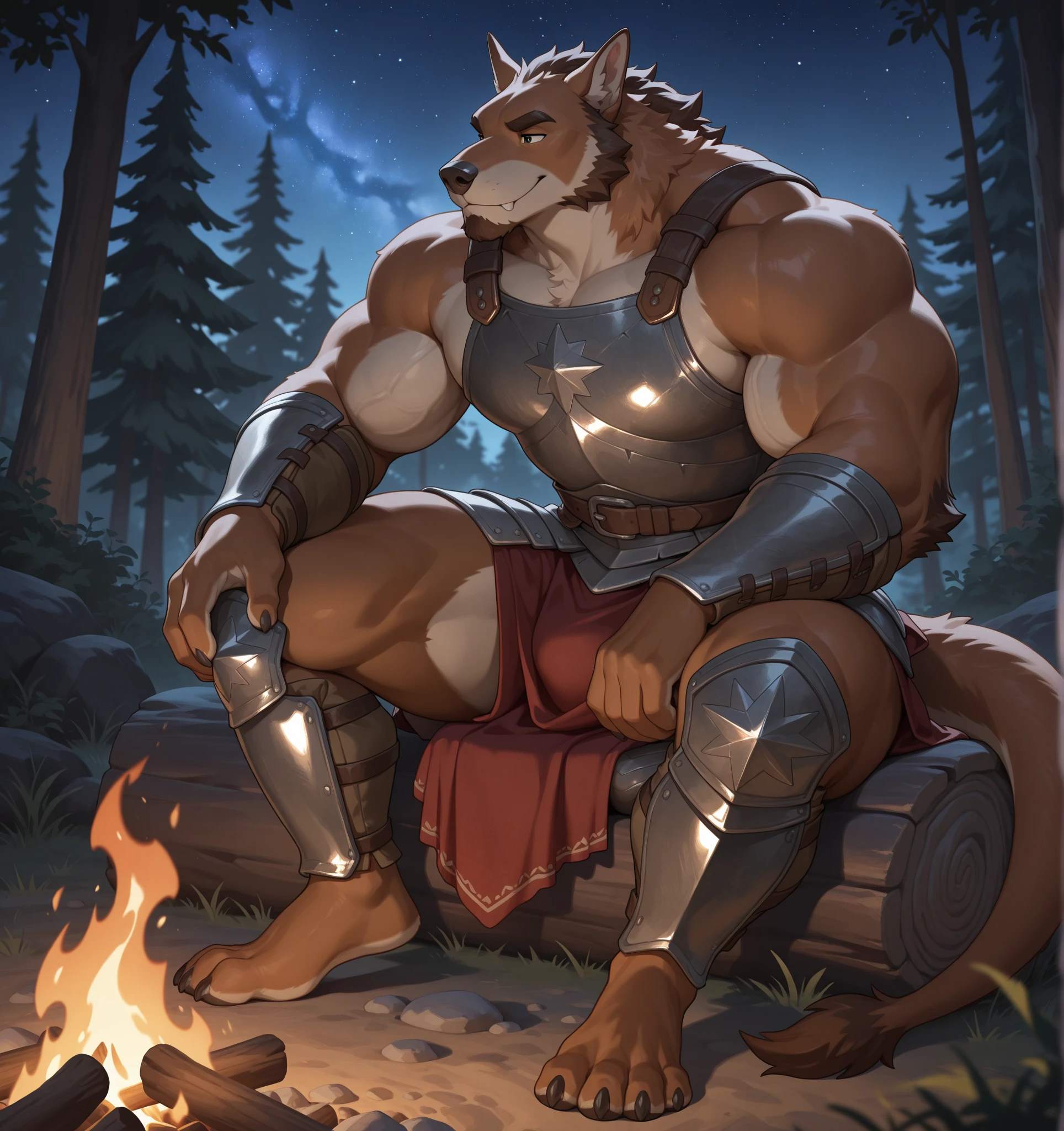 solo, naked, (horse), anthro, male, ((black body)), hairy, tail, muscles, handsome, , medieval, fantasy, outdoors, outside, dark, night, forest, campfire, camp, stars, sitting, toe claws, epic, depth of field, perfect lighting, (light particles),(best quality),(masterpiece),(ultra detailed),sharp focus,light particles, big cock, big balls, horse cock, detailed cock, detailed anatomy