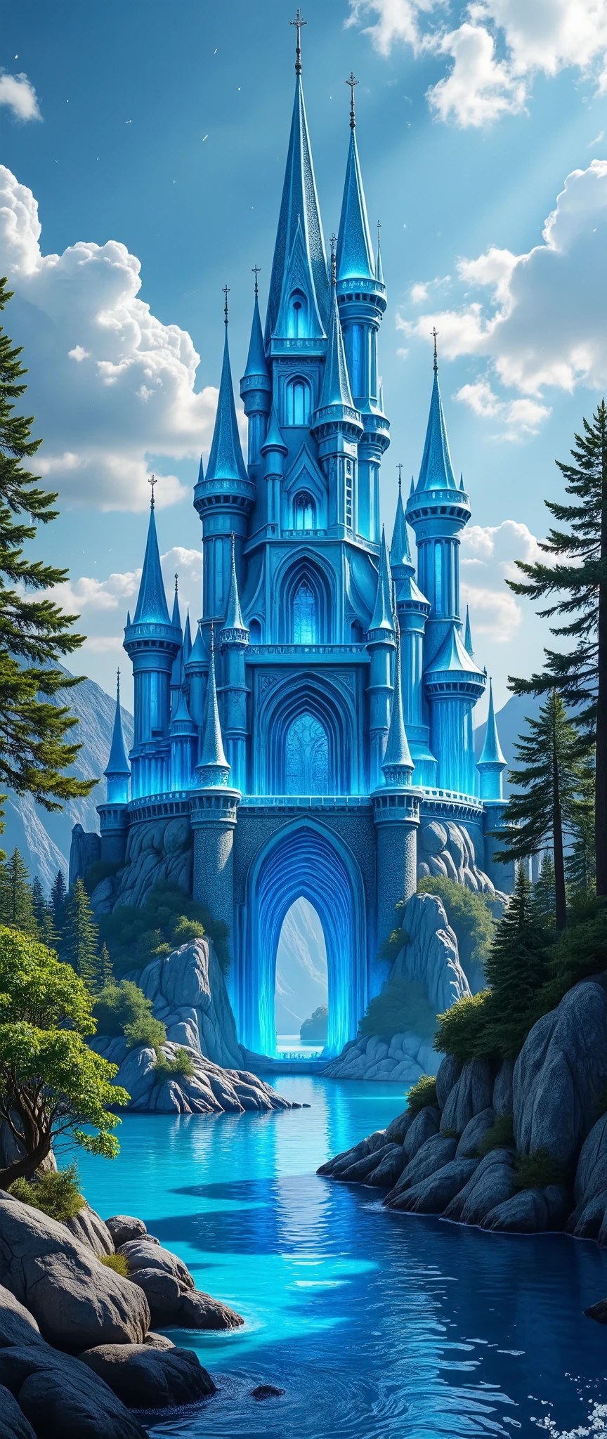 (highdefinition images:1.5)、Majestic Atmosphere,(huge, transparent blue glass castles that seem to reach the sky)masterpiece、top quality、antique glass castles leading to the city、Look Up、Blue Sky Flowing、(old European castles made of glass２The tower is built:1.5)、German glass castles、 Scenery、Nature、high resolution、photorealism, (Amazingly Detailed and Clear Glass Castle:1.5),
