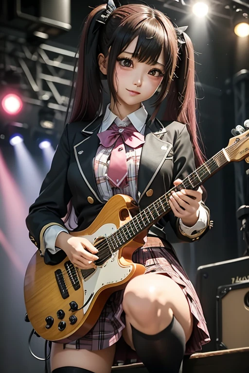 High school girl blazer、uniform、 Red Check Knee Length Skirt、 long skirt、JK Style、 jacket、smile、 knee-high socks、 thigh high socks、 pantyhose、Superb beauty 、Super cute、ennui、 Rare Beauty 、 twin tail hair 、 Dark Dark Eye Shadow 、 sad、Skin radiance、 Long Hair Straightener 、Dark gothic makeup、Dark Smile、 Fragrant Beauty 、 Stained Glass Background 、masterpiece、 best quality、See 5 books、Sweat glistening on my chest、Sweat glistening on the face、 smaller breasts、Dark pink hair、22 years old、Slightly slim、 Mysterious Expressions 、Sad look、 pink hair、 Mysterious Gothic Church 、 Fascinating Castle 、Excessive sweating all over the body、Lots of sweat and shine on the thighs、Shiny thighs、Thighs、 Thighs、 Sweating a Lot 、gal、 smaller breasts、 Japanese face 、 Seductive Expression 、Thin thighs、Playing guitar、 holding an electric guitar 、Sing passionately、A lot of sweat shines on the band Playing Guitar 、 Playing Guitar Chords 、 Live House Background 、 songs、 open her mouth 、 Live House Scenery 、 microphone stand、 gorgeous live stage 、 dynamic angles、