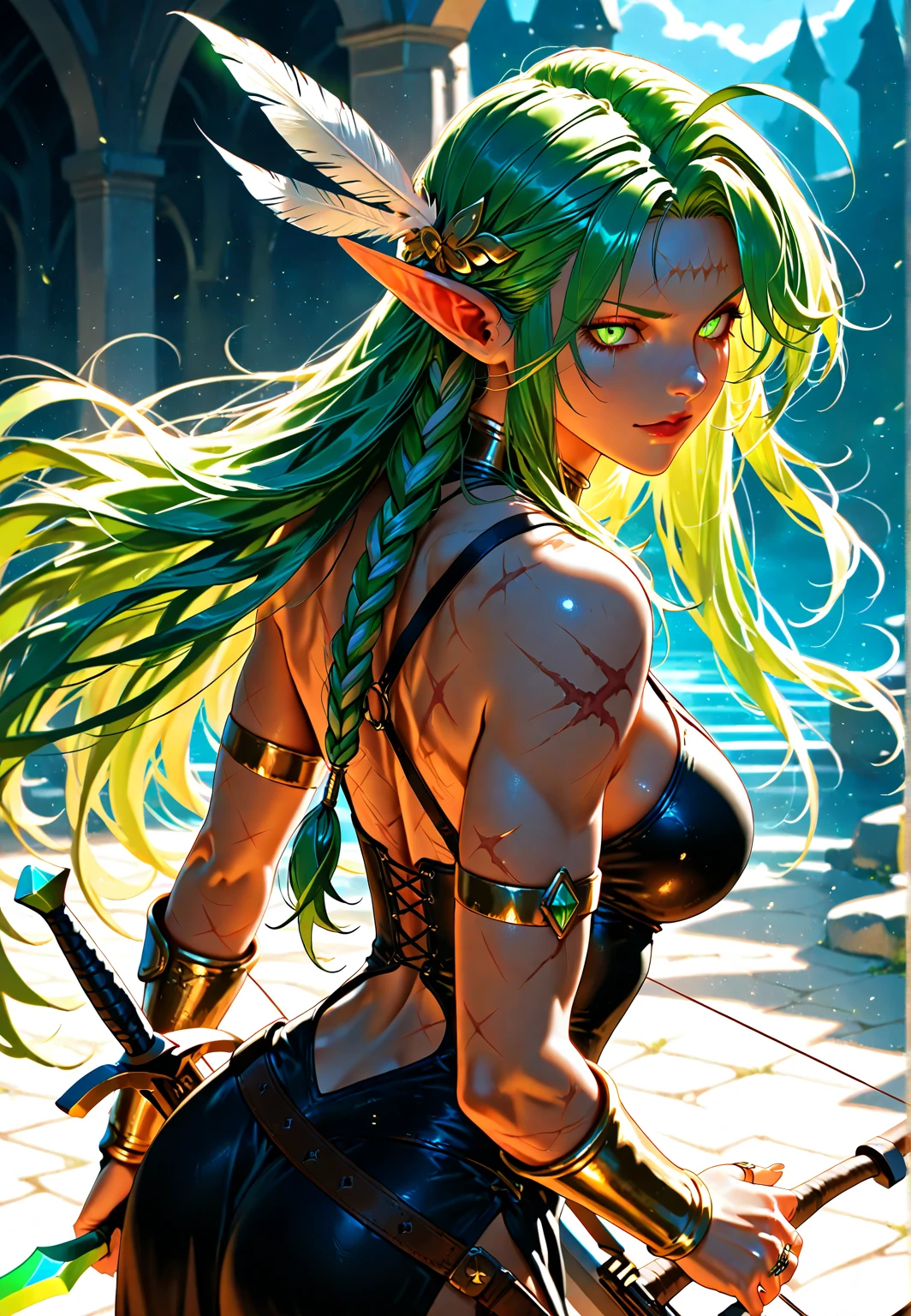 jovem mulher, cabelo verde, orelhas de elfo, dragon green eyes, corpo tatuado, tatuagens chinesas, pouca roupa, ao por do sol, aves voando ao longe