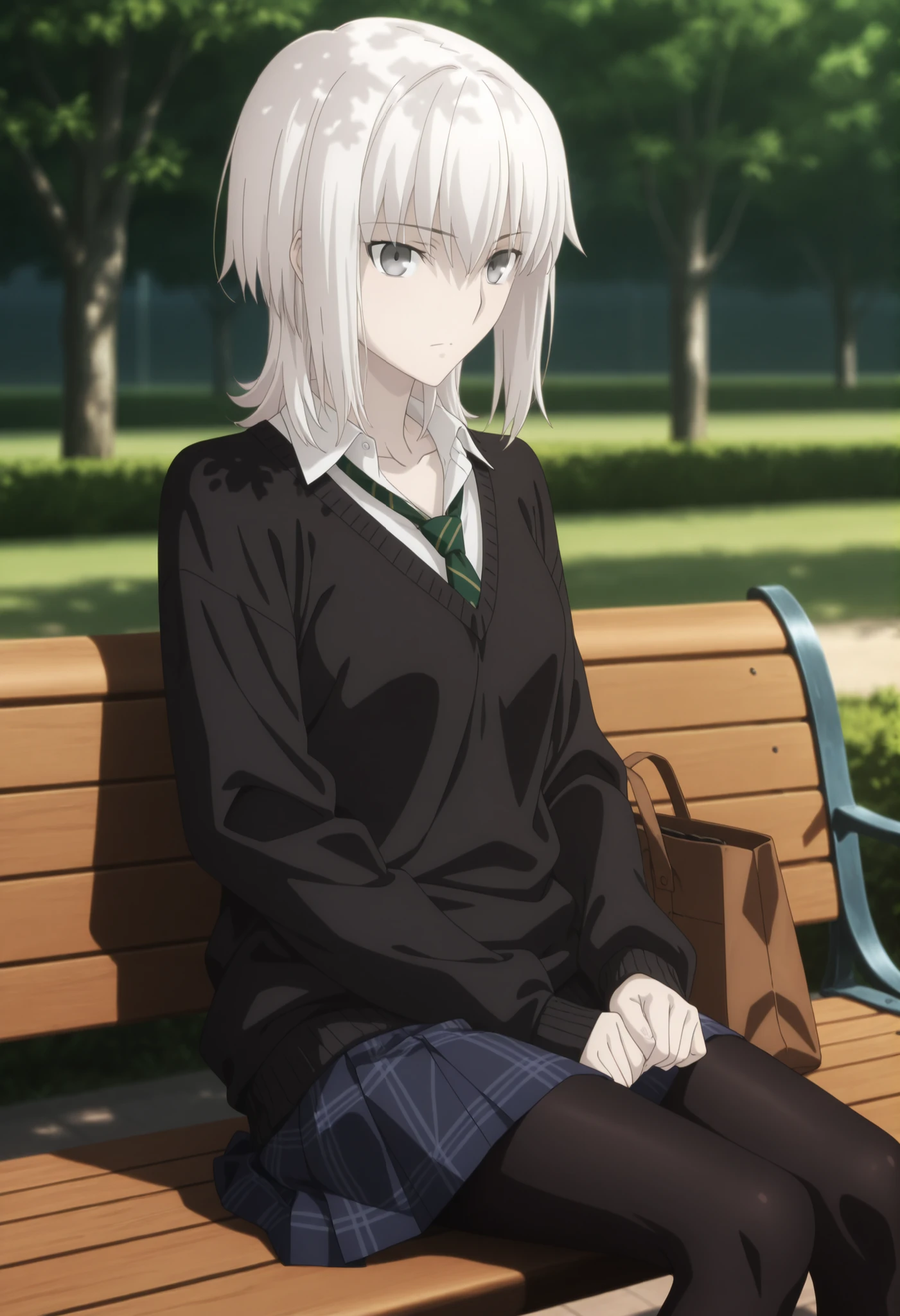 masterpiece, best quality, amazing quality, highres, absurdres, very aesthetic, high resolution, ultra detailed, perfect details, day , outdoors, ufotable style, (dappled sunlight), from , sidelight,
1girl, ufotable style, anime style, (anime coloring:1.5), (anime screencap:1.2) ,(aged up),
girl, mature, slim body, slender body, ,Fate Grand Order, fate, Fate Grand Order, medium hair, gray eyes, half eyes closed, white hair, pale skin, , (straight hair, long sidelock),((wolf cut hair)), hair intakes, sitting on bench, bag,
(black sweater, very loose sweater),dark blue skirt, plaid skirt, pleated skirt, black pantyhose, white undershirt, collared undershirt, dark green stripe necktie, collarbone, (small breast), (looking at viewer), expressionless, embarrassed, , ,
