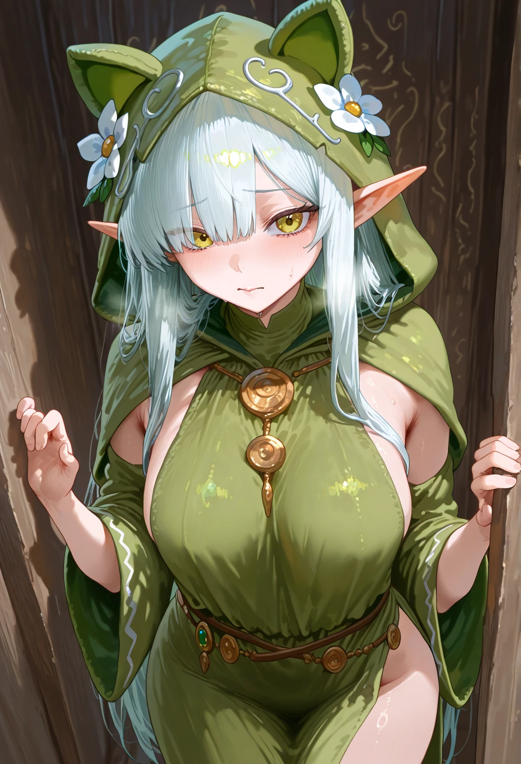 Girl、Fantasy World、Elf Ears、Fairy clothes、Green Eyes、Open Mouth Smile、Off the shoulder、Open-chested clothing、Big Breasts