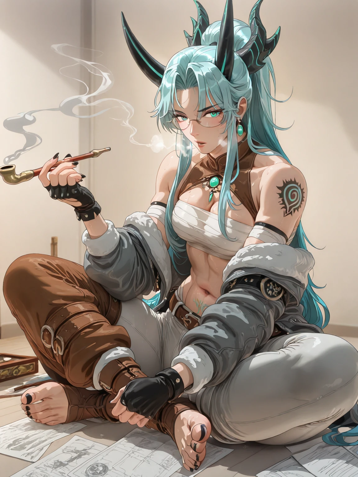 (PuriPuri _jet-style:1.4), (kunaboto-style:1.4), (Alecto_0-style:1.1), (sakimichan-style:1.2), (takeuchi_Takashi-style:1.3), Manhwa, anime coloring, anime screencap, anime-style detailed background, vignetting, masterpiece, high quality, absurdres, best quality, very aesthetic, newest, dynamic composition, anatomical correct, HD, 4k, digital art, trending on ArtStation, perfect body, perfect eyes, perfect fingers, gasping, heavy breathing, excessive sweating, sweating, sweating profusely, gasping profusely, cinematic, ((skindentation)), ((curvy)), mature female, eva aesland, long hair, light-blue hair, aqua eyes, glasses, parted bangs, ((small breasts)), bright pupils, ((flabby stomach)), plump, 1girl, smoking_Pipe , holding_smoking_Pipe , Alone, smoke, horns, jewelry, Kiseru, sitting, tattoo, gloves, Fingerless_gloves, sharp_fingernails, fingernails, foot, earrings, Sarashi, black_nails, _shoulders, holding, parted_lips, Looking_at_viewer, Toenails, bow, indian_style, paper, sharp_Toenails, pants, navel, necklace, nail_ polish , jacket, belt, they, they_horns, smoking, makeup, black_gloves