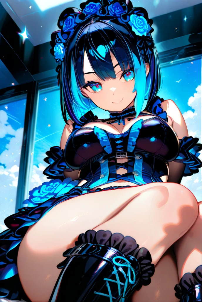 Happy woman, with wolf ears and blue hair, holding her cheeks, wolf tail, wearing a latex dress, looking at veiwer, full body, you can see her chest, naked breasts