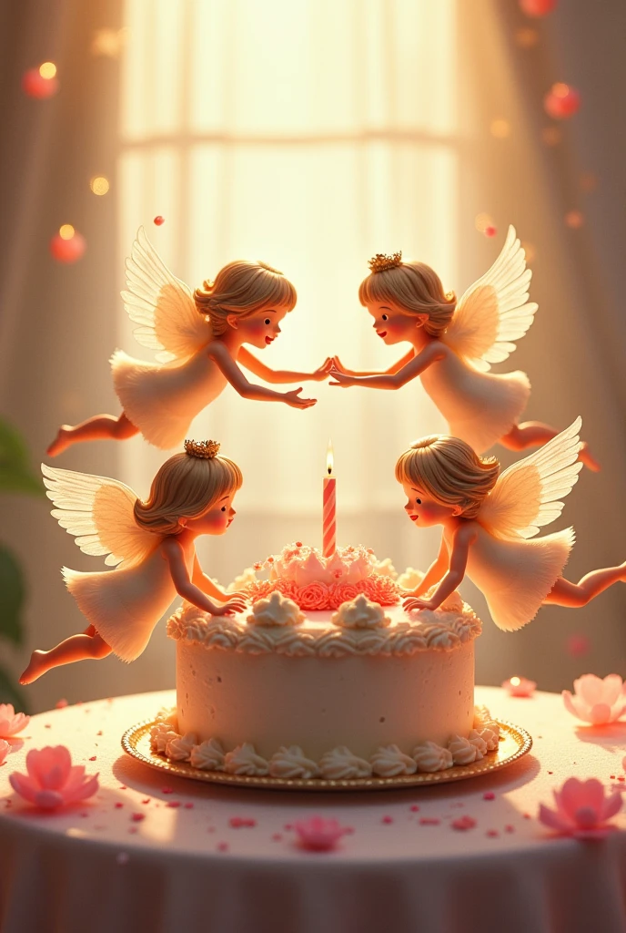 Blessings of Angels､Bright background、heart mark、happy birthday、tenderness､A smile、Gentle､Baby Angel、Holding the cake in your hands