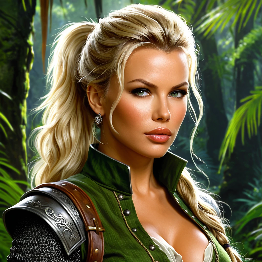 Perfect face, Charlize Theron is a very beautiful woman, a Viking warrior sitting near a fire at dawn in the middle of a forest on the edge of a stream, the vegetation is green and the lights pass through the leaves of the trees, a soft mist covers the environment, white and gold clothes and black details, Celtic tattoos for the body. Cartoon style, colorful, two-dimensional