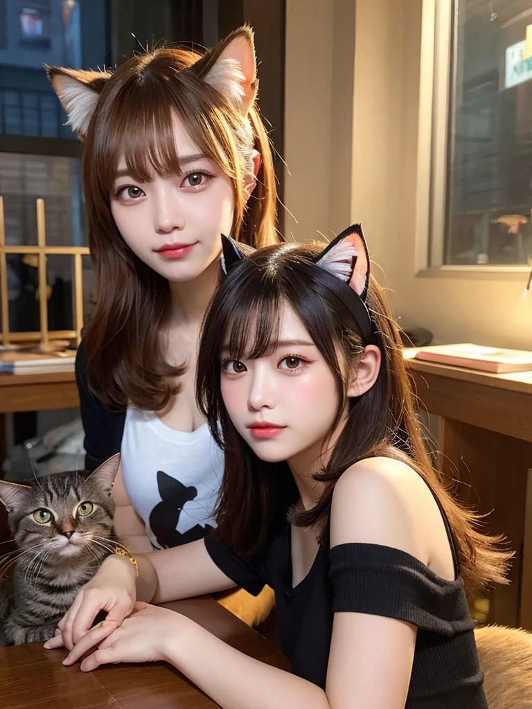 Cat ears, surrounded by dogs, surrounded by cats, cuddling cats, pets, smiles, ((realistic lighting, top quality, 8K, masterpiece: 1.3)), clear focus: 1.2, 1 girl, perfect body beauty: 1.4, slim abs: 1.1, ((dark brown hair, big: 1.3)), (outdoor, night: 1.1), street, ultra slender face, fine eyes, double eyelids, exposed cleavage