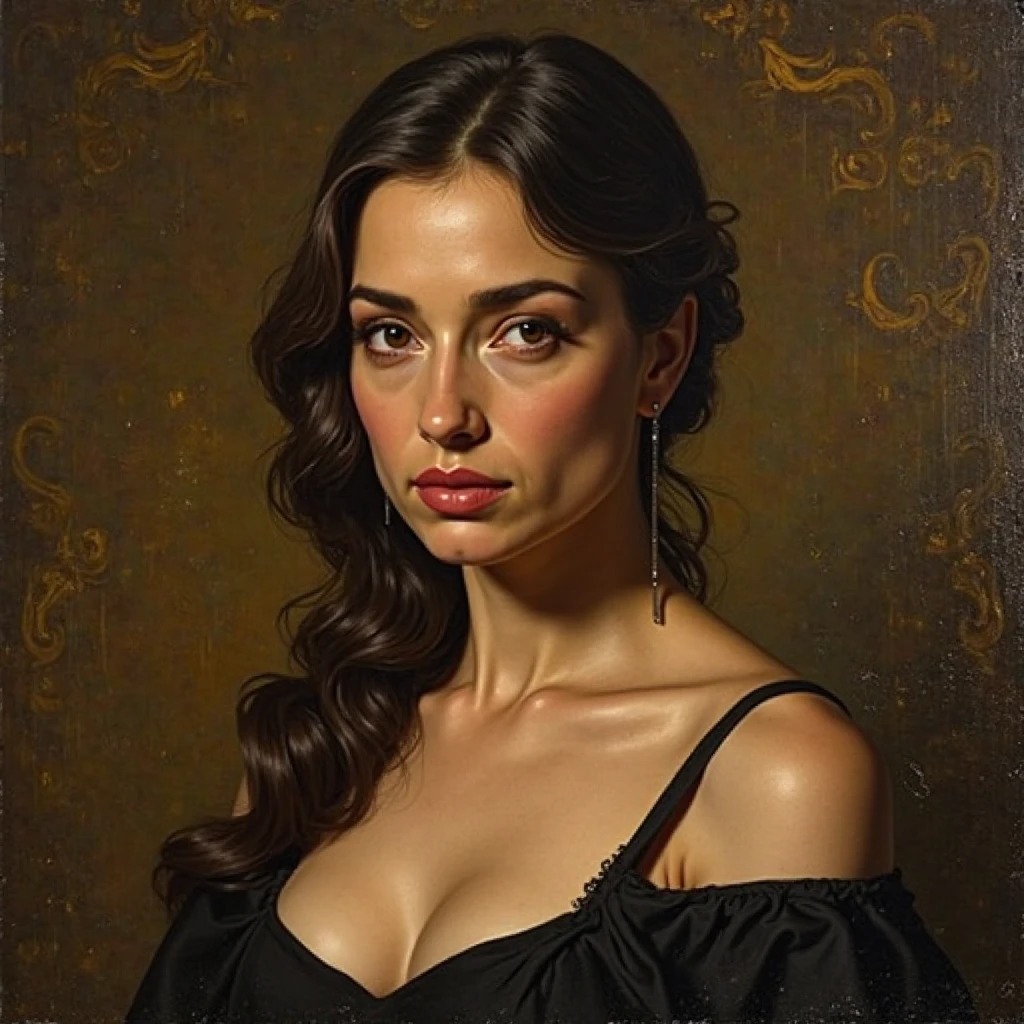 Female model,agent standing holding pistol,sexy satin shirt exposed cleavagebig breasts,long flowing hair,Surrealism，painting，ink，acrylic painting，masterpiece，renaissance style，best quality，high resolution，Super fine，Delicate eyes，facial details，hair details，precise，Clear eye focus close-up