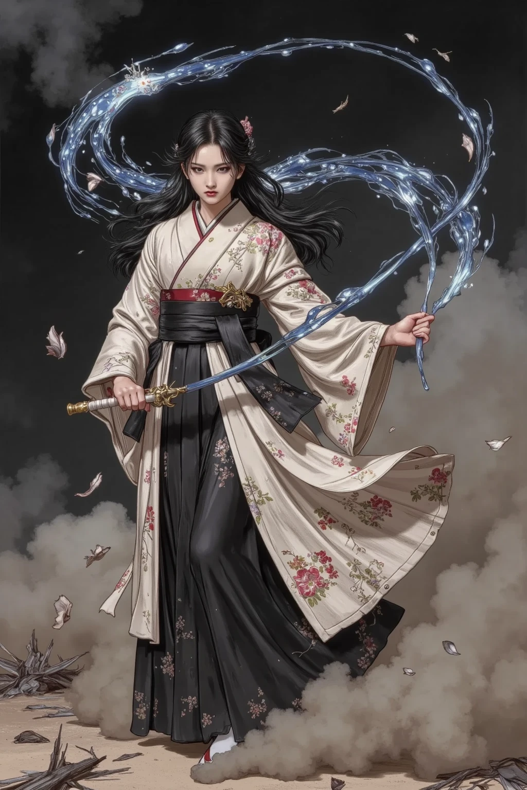Woman Wearing a Hakama,Figure swinging down the whip of light,The trajectory of a whip cutting through the sky、A supple whip that extends from the handle held on the hand,Mysterious Appearance of a Swordsman,Fearless Female Warrior, Emergency Situation,Dark Fantasy,Earthy Smoke Wraps Around,Solemn expression , battle preparation ,Desolate Battlefield Scenery,Strong Force,Realistic Battlefield Scenes,4K high definition,Realistic Depictions,precise details,Professional Illustration,darker color palette,Heavy Atmosphere,Realistic Battlefield Scenes