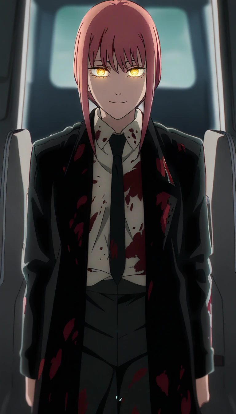 <lora:Makima:1>,makima \(chainsaw man\),  white shirt, black suit, ((back light)), pink hair, close-up, real eyes, detailed eyes, realistic, highres, ((photorealistic)), <lora:epi_noiseoffset2: 0.4>, [background:0.7], depth of field,  soft_light, film grain,  cinematic film still,  pureerosface_v1, no makeup, <lora:luts:0.7>, <lora:yameroyandere-v2:0.9>,  eyes half-closed eyes, blood on clothes,  blood_on_suit,  <lora:spiralwashv2_1544:1>, ((orange-spiralwash-eyes)), <lora:bloodvessel:0.7>, expressionless,