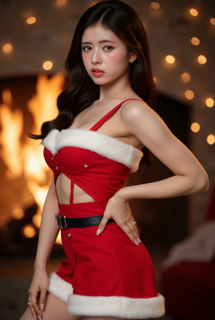 Sexy girl in red top and blue pants standing in front of stove, Bigchest,heavy makeups,kisses,bare chest and waist,Enchanting seduction,blue hairs