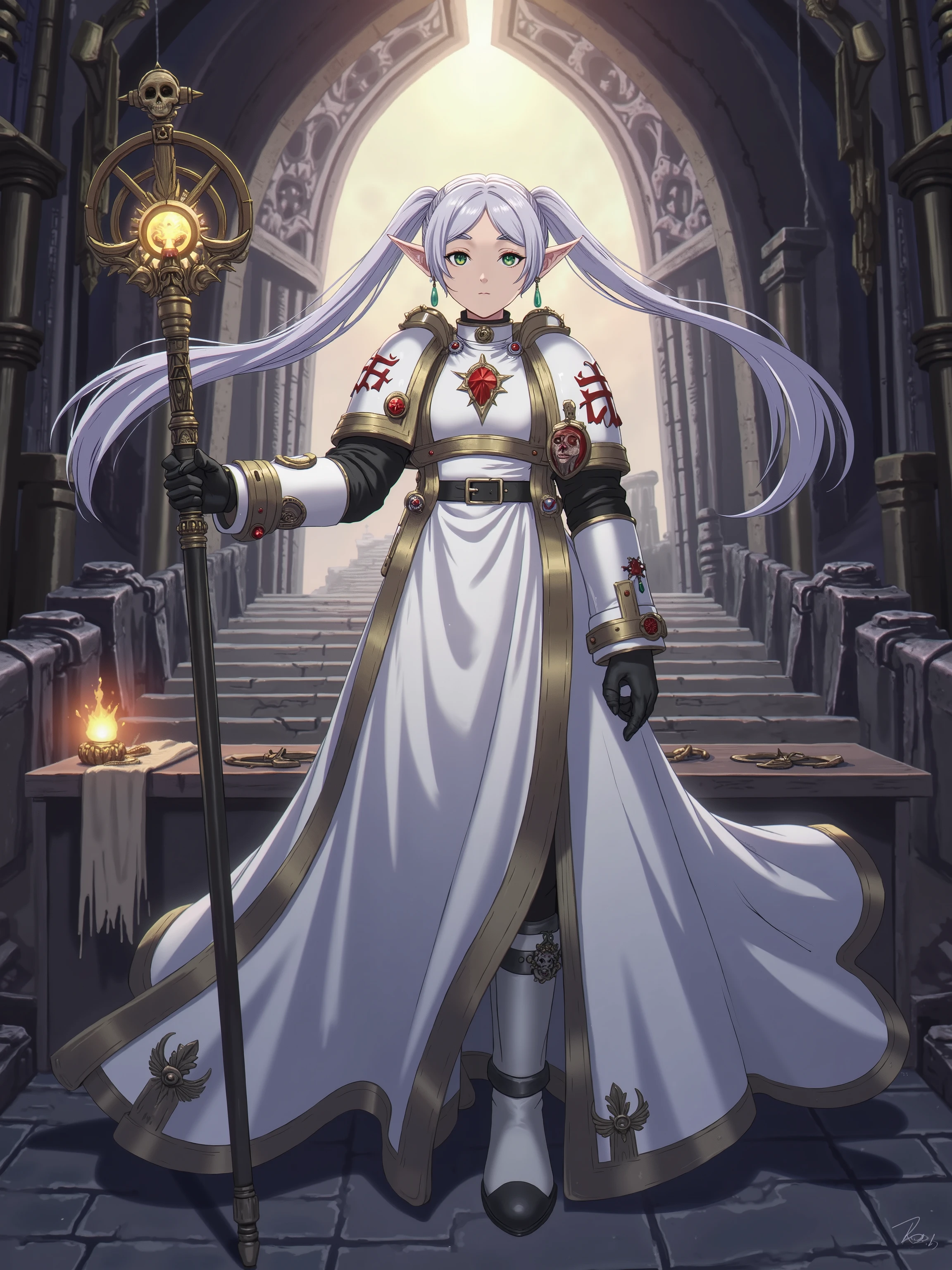 BlackT40k, 远景,全景,masterpiece, best quality, (2d japanese anime style), crisp line art, 1girl, solo, frieren, silver hair, long twin-tails, sharp elf ears, calm expression, emerald eyes, full body, wearing elegant white power armor, styled after her original robes, gold gothic trim, imperial aquila emblem on chest, purity seals with glowing elven runes on pauldrons, holding a tech-priest force staff, glowing winged skull on top, background of a grand mechanicus forge-temple, giant cogs and intricate pipes, solemn atmosphere, dramatic lighting.