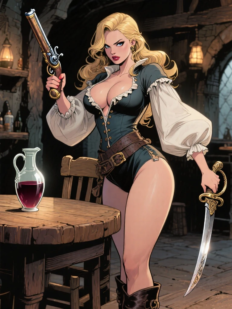 (close-up:1.1), girl ( standing:1.2), cleavage, (looking at viewer:1.3), (slim body type:1.2), (large breast size:1.2), BREAK (rosewood crown twist braid blonde hair:1.2), BREAK wearing (country clothes:1.2) BREAK farm in background BREAK, dark theme, pastel lights,<lora:Horror_Ink_Style-000008:.7> , dark art, blood, violent