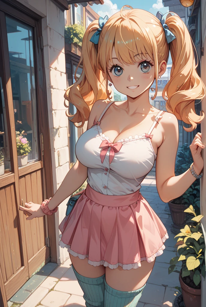 (leaning over:1.4), (masterpiece:1.2, best quality), (real picture, intricate details), 1girl, solo, absurdres, cowboy shot, standing, outdoors, :3, smile, bear girl, bear ears, ((light pink dress)), frills, very detailed dress, white thighhighs, platinum blonde hair, gray blue eyes, long hair, ((red strawberry choker)), smile, open mouth, one fang, large breasts, cleavage, sleeveless dress, arms behind back,