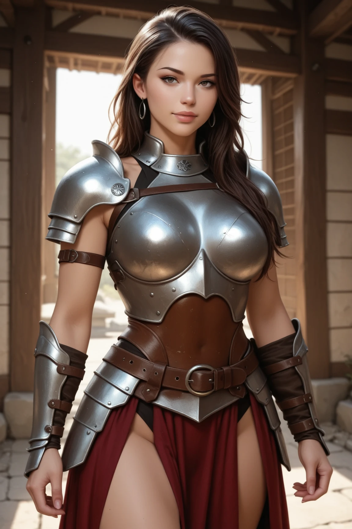 1 woman, ((8K)), mature woman, solo focus, ((8K, Highest quality:1.2))、((masterpiece)), High resolution, (Skin Texture:1.1), Highest quality, 超High resolution, (Realistic: 1.4), RAW Photos,((Perfect Face))、35 years old, beautiful Swedish woman, brutish, toned body, blonde braided hair, (viking costume), ((background coast)),toned abs, bluish eyes,((holding battle axe)), masterpiece, ((ultra HD)), insane details, realistic, detailed face, face paint, detailed skin texture, blurred background, battle field, dynamic angle, Berserk, wearing a vest, (((big breasts))), wearing leather armor, looking at the camera, The background is the sea, line of sight, short skirt, perfect face, delicate eyes, wearing are brown, voluminous lips, big eyes, long skirt,(((red leather armor))), (trained abdominal muscles)