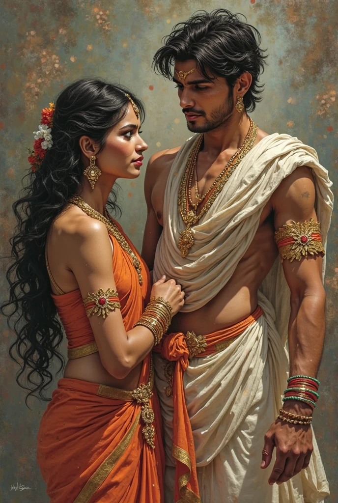 A fair-skinned girl with blonde hair, dressed in a gorgeous Indian sari with jewelry, embraces a guy with black hair, dressed in ancient Indian style, both are semi-naked sitting in Indian sofa in the rich Indian palace in the background, animated realism style