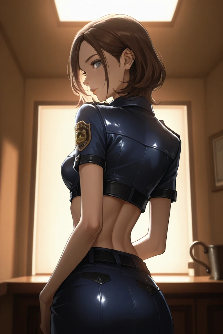 1 person, Naked police, Adult, resident evil style, sexy police officer in uniform,belt,watch,slim, evening, Soft Light, Facial details, Kind Face, Long black hair, Beautiful Skin, fringe, Pale pink lips, with a gun in hand, smile, Big black eyes, Looking at the audience,Cowboy Shot