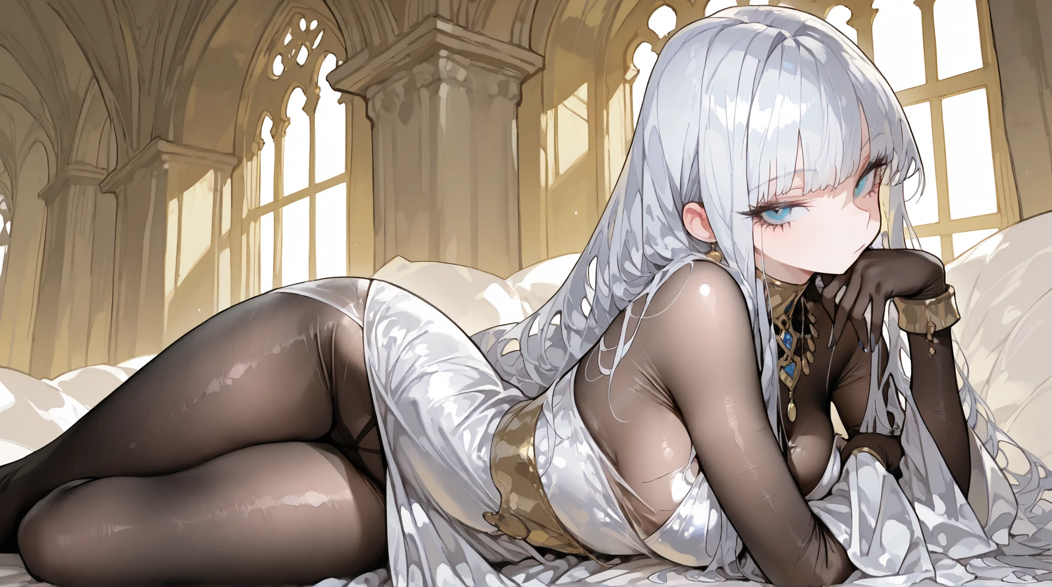 Woman, white hair, golden eyes, big breasts, white skin, holding a knife, hot, pretty, good quality, goddess, pretty woman, alone, one woman, big ass.