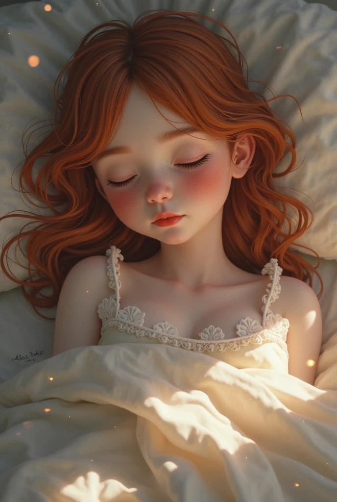 Cute little girl with long red hair and big green eyes sitting on a bed, surrounded by fluffy pillows and stuffed animals, sunlight streaming through the window, Dreamy, Whimsical, Pastel colors, Digital painting, Artstation, Highly detailed, Smooth, art by loish and sakimichan and erica willey --auto --s2