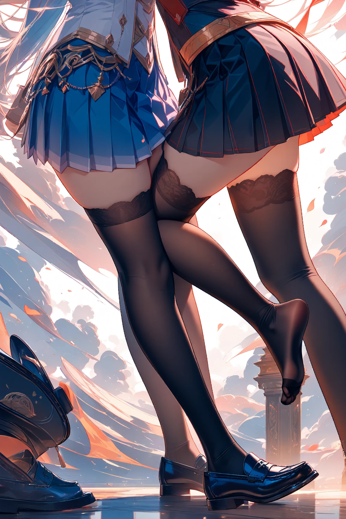 ((Highest quality)), ((masterpiece)), (High resolution), 8k, Best Shadow, The best natural light, Cinematic, (Two adult women climbing the stairs side by side), (Brown Hair, ponytail)、Looking back, bashful、(Stylish off-the-shoulder sweater, Checked mini skirt、Knee socks)、((Rear view))、Angle from the rear, Close up on ass in pantieanga Design、peaceful cityscape, Station stairs、On the way to school, (The wind is blowing up from the ground, flipping up her skirt and revealing her panties:1.4), (Sexy and stylish light blue satin panties, Shiny side-tie panties, Panties with lace trim:1.4), Slender body,Beautiful thighs, Embarrassed look, Perfect lighting, Perfect Shadow, Exact number of arms, Exact number of legs, Perfect Anatomy, Exact finger count、Exact number of legs、(Exact number of arms:1.0, Exact number of hands:1.0), (Perfect hands, Perfect Anatomy)