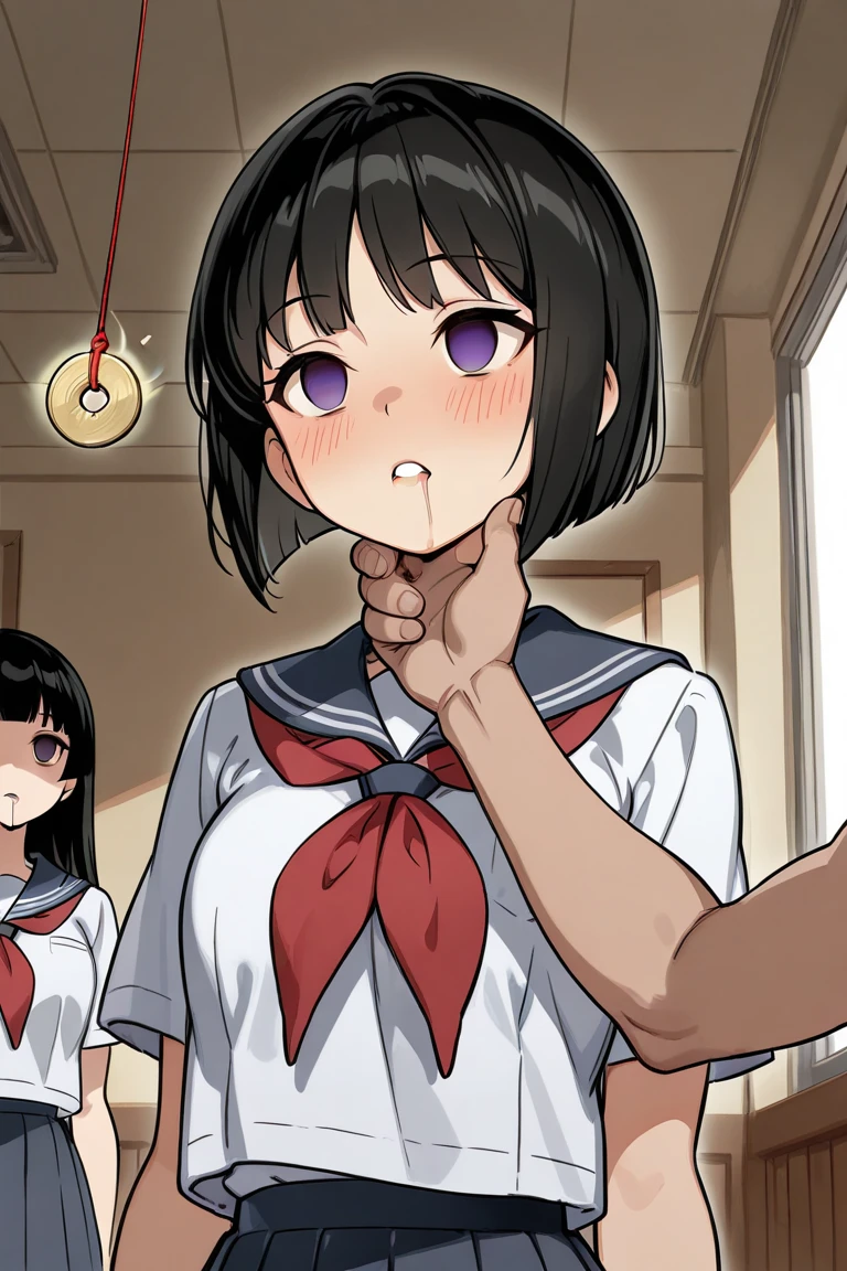 A girl with black hair, short bob, small breasts, and pale pubic hair, wearing a blazer uniform, floral bra and floral panties, her nipples protruding, is crying in disgust as her breasts are grabbed while she stands in a Japanese-style room. Her hands are tied behind her back with a rope.、From head to ankle