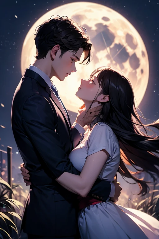 Under the enchanting light of the moon, the man and woman engage in a dance that seems to transcend reality itself. The moon's soft glow bathes the outdoor setting, casting a dreamlike ambiance upon their every move. The man's suit shimmers with a subtle iridescence, reflecting the lunar radiance, while the woman's flowing gown takes on an ethereal quality, seemingly woven from stardust.

As their bodies sway in perfect harmony, their dance becomes a mesmerizing display of grace and passion. The moonlight caresses their skin, accentuating the curves and contours of their forms, as if they are illuminated from within. It is as if the moon itself is watching their impassioned performance, lending an otherworldly quality to their connection.

With each gentle step, they seem to float above the ground, their movements light and effortless. The sound of their footsteps is muffled by the hushed serenade of the night, creating an intimate soundtrack for their dance. The soft rustling of leaves and the distant melody of nocturnal creatures provide a natural symphony that blends harmoniously with the music in their hearts.

Their eyes, locked in a magnetic gaze, reflect the moon's luminosity, radiating with an intensity that can only be born from deep affection. Their bodies communicate in a language known only to them, their movements an intricate dialogue of desire and tenderness. They twirl and spin, their silhouettes casting elongated shadows upon the moonlit ground, as if engaged in a celestial waltz.

As the moonlight weaves its magic around them, their dance becomes a union of souls, a celebration of their profound connection. Every touch, every brush of their fingertips, is imbued with a profound sense of longing and belonging. They are in perfect harmony with each other, with the moon, and with the very essence of the night.

In this enchanting tableau, nature becomes their audience, as the moon bears witness to their intimate display of love and devotion. It is a m