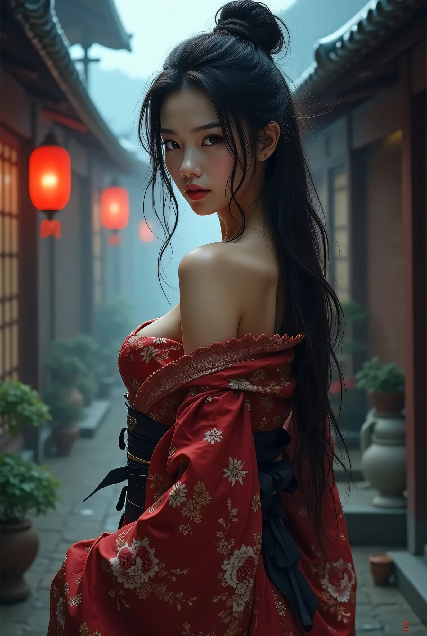 Asian Samurai Girl, beautiful face, Kimono, perfect breasts, cleavage, perfect body, Japanese village, nighttime, foggy, dark alley background, sexy, seductive, high detail, masterpiece.