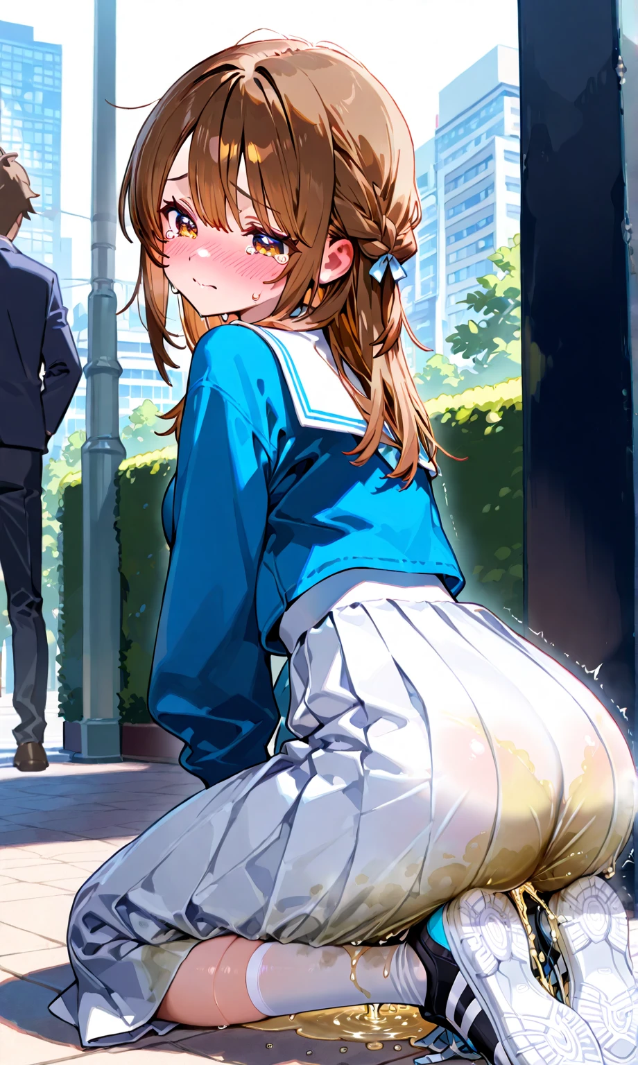 pieces fly、masterpiece、highest quality、Super detailed、High resolution、High resolution、8K portrait、Unity 8k壁紙のHigh resolutionCG、unity 8k wallpaper、cute:1.5、:1.5、Highly detailed CG unity 8k wallpaper、realistic、real person、cute、 portrait photography、shiny skin、High resolution、(brown hair)、(16 years old:1.2)、(1 girl)、(Alley:1.6)、perfect face、seriously、(blush:1.5)、school uniform:1.2,(((clothes lift:1.5))), (((I have nipples))), Detailed description vagina,show vagina,spread legs,spread ,((climax in vagina:1.5)),((butthole anus:1.4)), Detailed description vagina,Show butthole、anguish, blush:1.5, looking back:1.5, (open anus:1.6),((Looking back 1.5))、((Blue headphones:1.2))