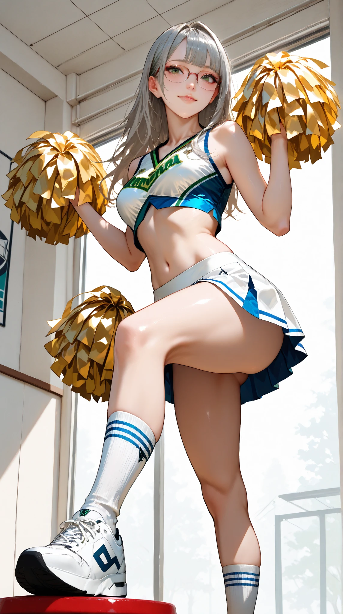 (masutepiece:1.5)、(top-quality:1.5)、(16k wallpaper:1.2)、(Photorealsitic:1.2)、(ultra-detailliert:1.2)、(超A high resolution:1.2)、(Highly detailed and realistic skin:1.2)、(たくさんの男に囲まれてHaving sex:1.5)、(she spreads her slender legs、Having sex:1.5)、(On the mat in the school gym)、18-year-old cheerleader、Very detailed and beautiful sharp eyes、Powerful and beautiful eyeshadow、(Slender woman with body shape:1.2)、Natural Color Lip、(long blonde high ponytail covering one eye)、(white sleeveless cheerleading shirt:1.2)、(Ahe-face:1.3)、(Overflowing sperm:1.2)、(teal cheerleading miniskirt:1.2)、(Screaming:1.2)、